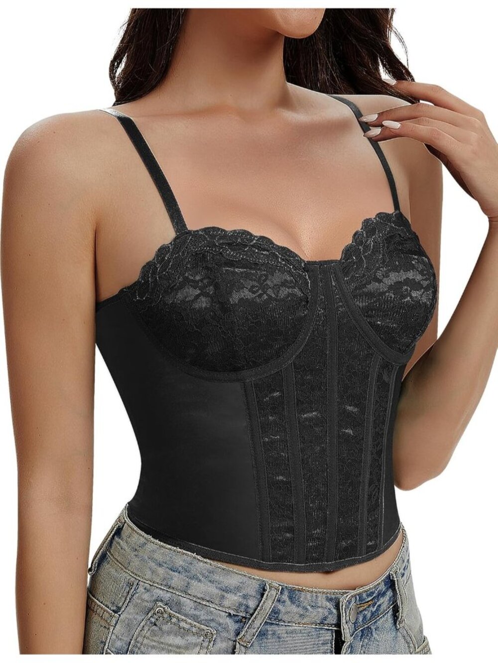 Women's Black Straps 3-rows Back Hooks Fitted Underwire Lace Bustier Corset Top